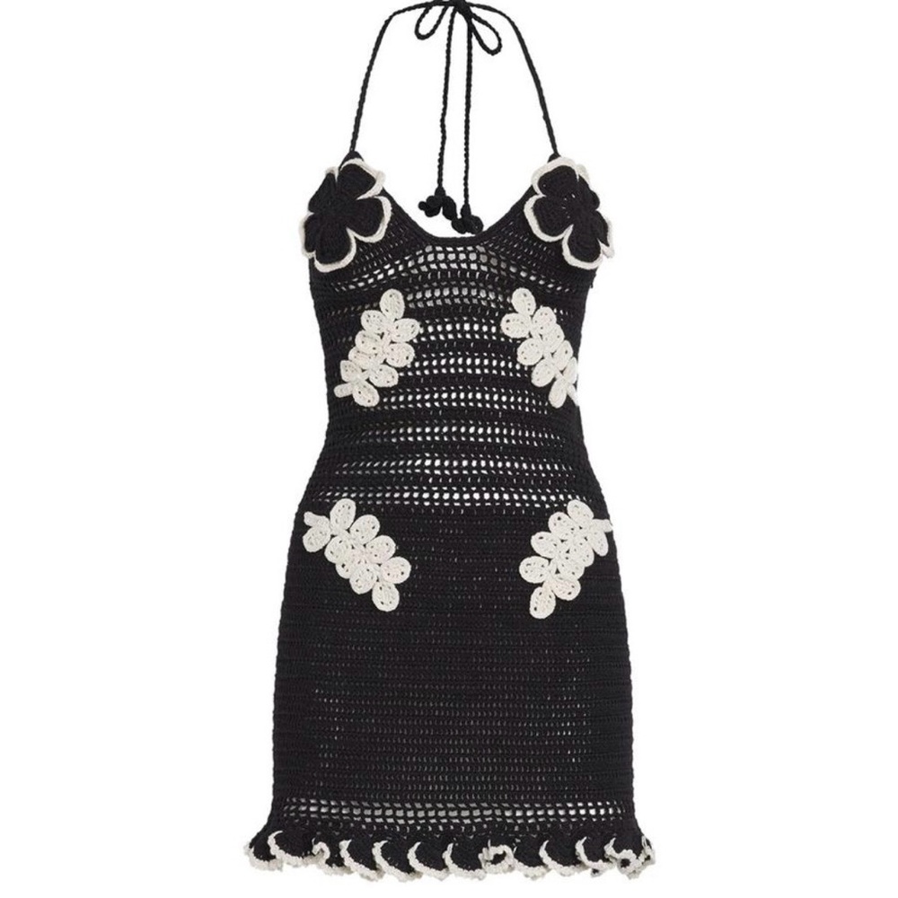 PatBI Black Crochet Halter Mini Dress with White Floral Appliqués - Picture 5 of 12